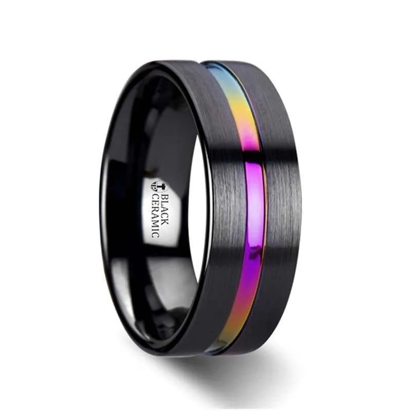 Thorsten AZURE Flat Black Ceramic Ring Brushed with Rainbow Groove - 4mm 6mm or 8mm