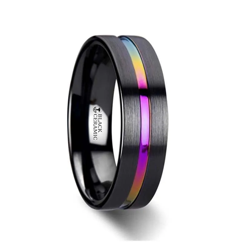 Thorsten AZURE Flat Black Ceramic Ring Brushed with Rainbow Groove - 4mm 6mm or 8mm
