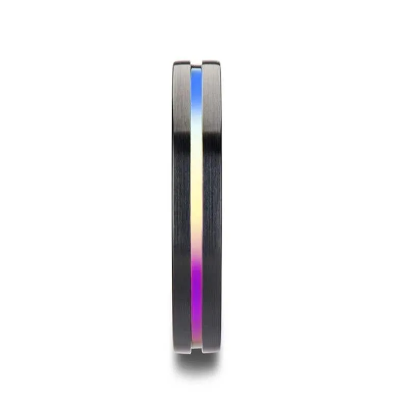 Thorsten AZURE Flat Black Ceramic Ring Brushed with Rainbow Groove - 4mm 6mm or 8mm