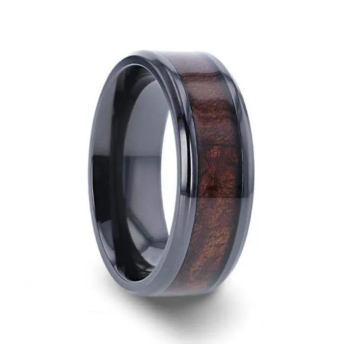 Thorsten CERISE Redwood Inlaid Black Ceramic Ring with Beveled Edges - 8mm
