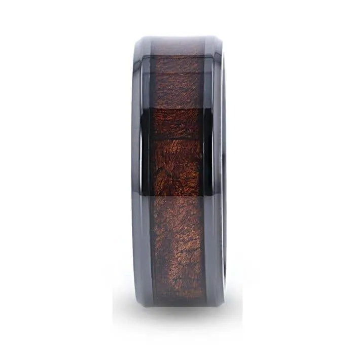 Thorsten CERISE Redwood Inlaid Black Ceramic Ring with Beveled Edges - 8mm
