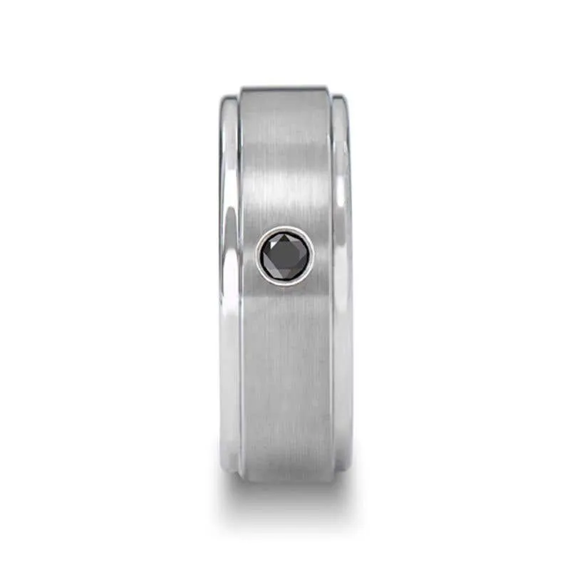 Thorsten COVENTRY Raised Brushed Center Tungsten Ring with Black Diamond - 8mm