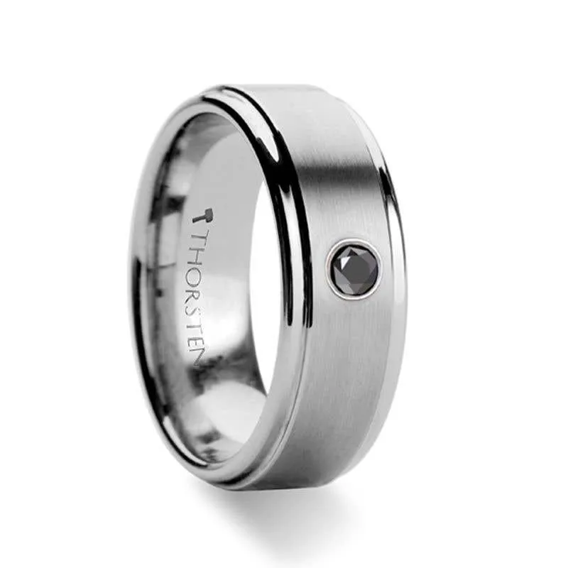 Thorsten COVENTRY Raised Brushed Center Tungsten Ring with Black Diamond - 8mm
