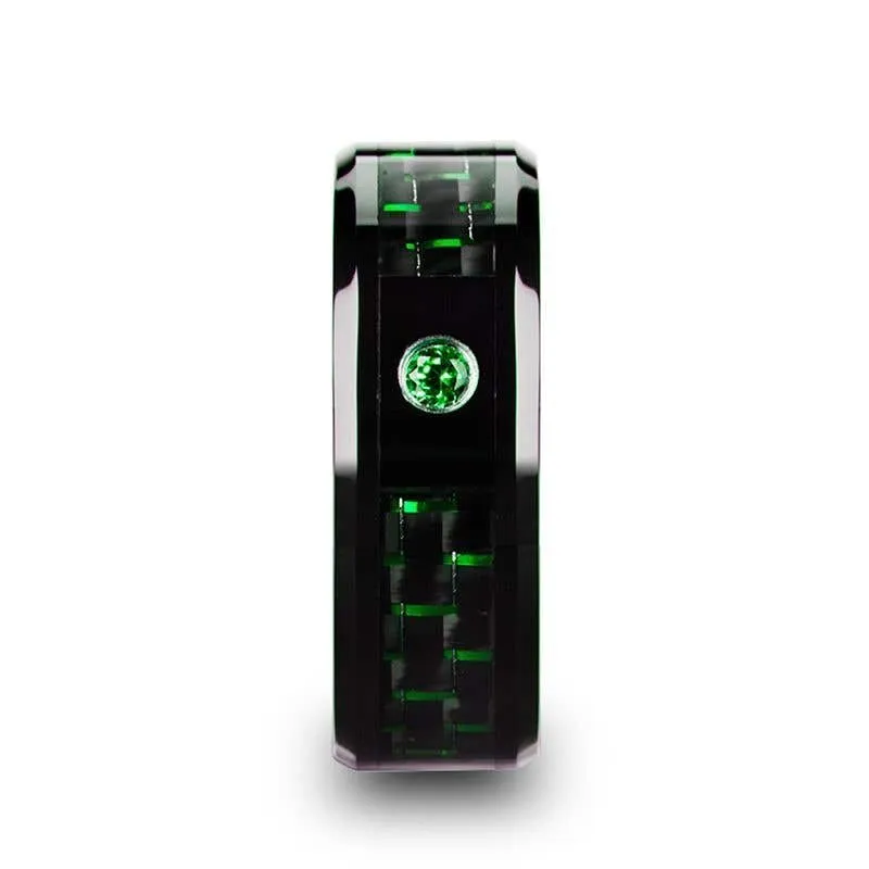 Thorsten HADAR Black Ceramic Ring Black and Green Carbon Fiber Emerald Setting - 8mm