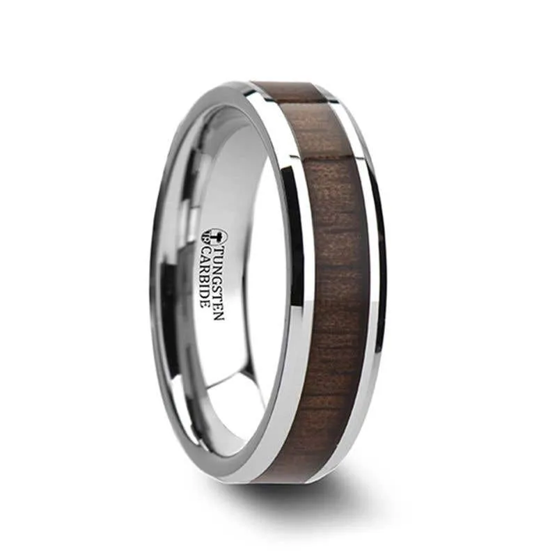 Thorsten HALIFAX Tungsten Wedding Band with Bevels and Black Walnut Wood Inlay - 4mm - 12mm