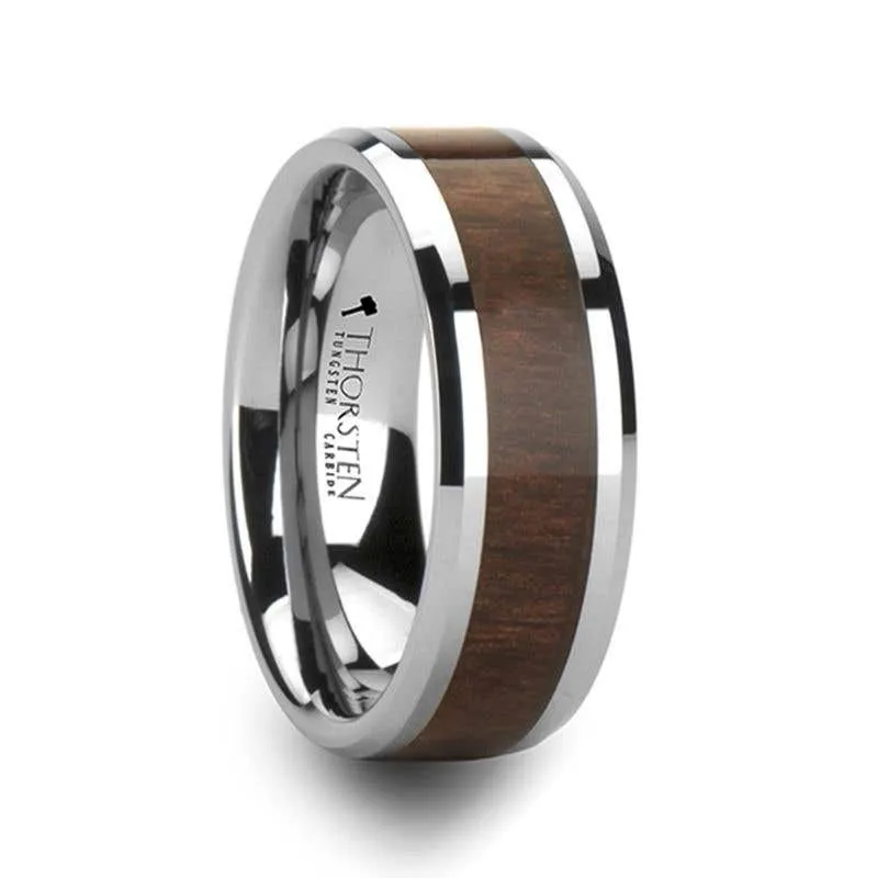 Thorsten HALIFAX Tungsten Wedding Band with Bevels and Black Walnut Wood Inlay - 4mm - 12mm