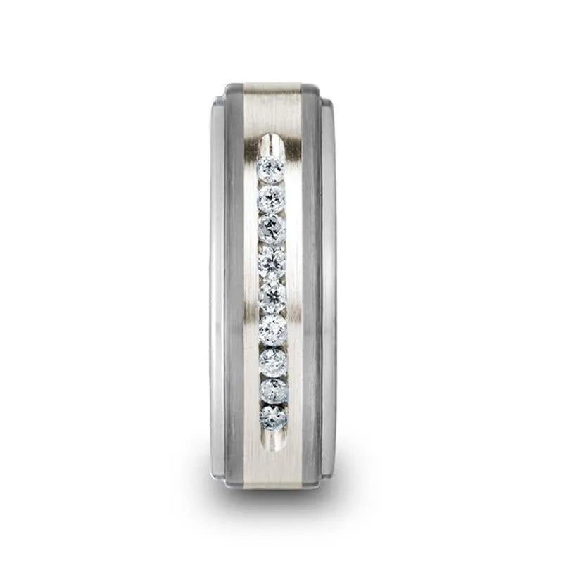Thorsten HARPER Tungsten Wedding Band with Raised Center & Brushed Silver Inlay and 9 Channel Set White Diamonds - 8mm