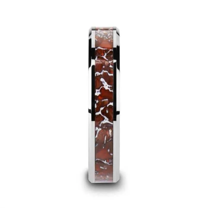 Thorsten JURASSIC Red Dinosaur Bone Inlaid Tungsten Carbide Beveled Edged Ring - 4mm & 8mm