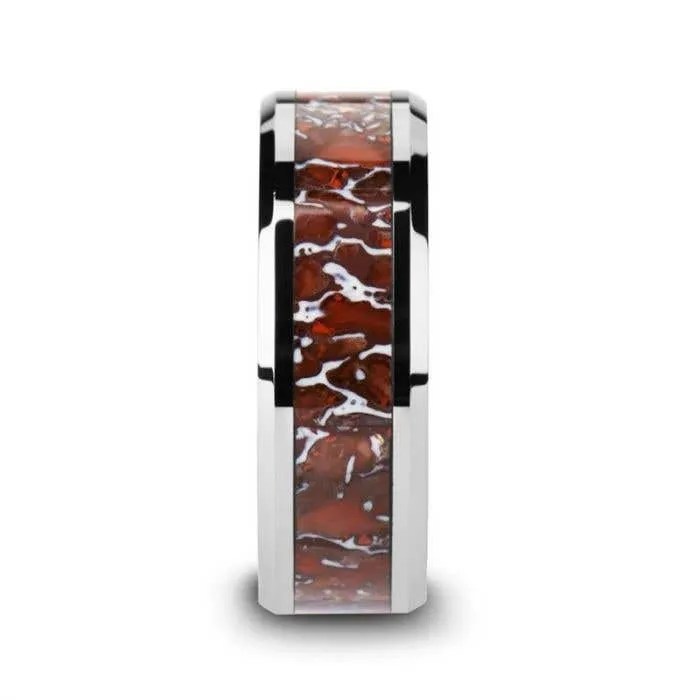 Thorsten JURASSIC Red Dinosaur Bone Inlaid Tungsten Carbide Beveled Edged Ring - 4mm & 8mm