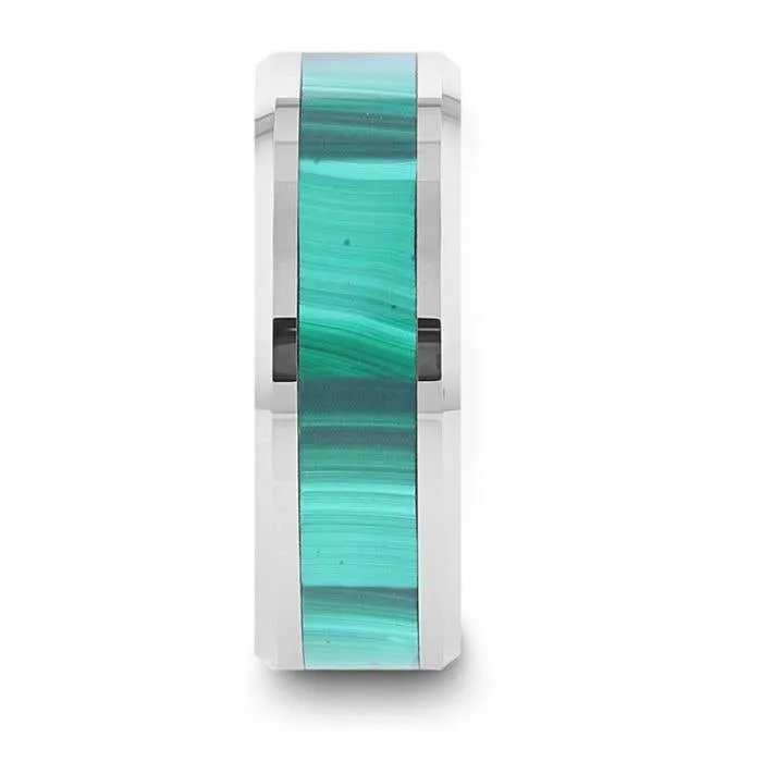 Thorsten MAHI Malachite Inlay Tungsten Carbide Ring with Polished Beveled Edges - 8mm