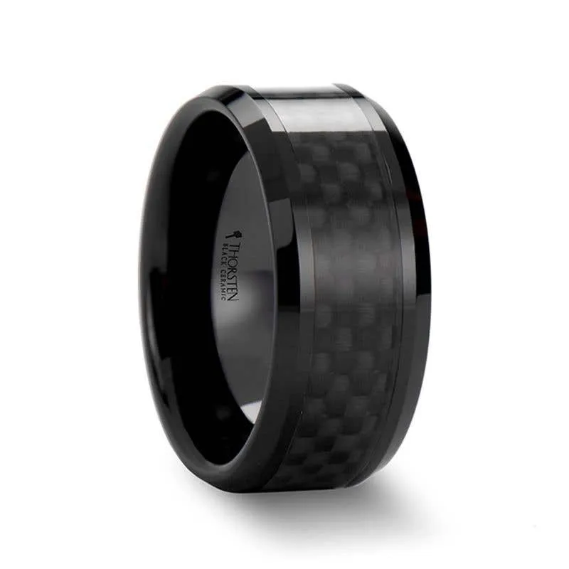 Thorsten ONYX Black Carbon Fiber Inlaid Black Ceramic Wedding Band - 4mm - 12mm