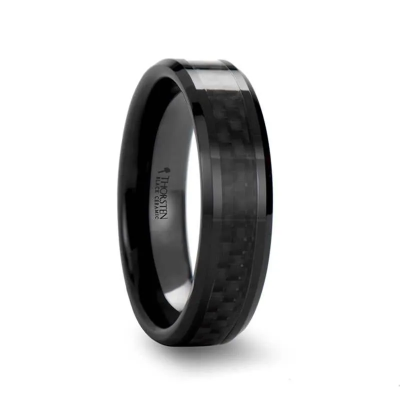 Thorsten ONYX Black Carbon Fiber Inlaid Black Ceramic Wedding Band - 4mm - 12mm