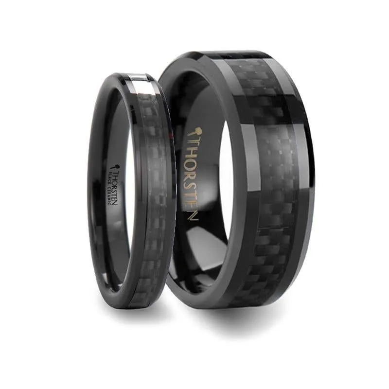 Thorsten ONYX Black Carbon Fiber Inlaid Black Ceramic Wedding Band - 4mm - 12mm