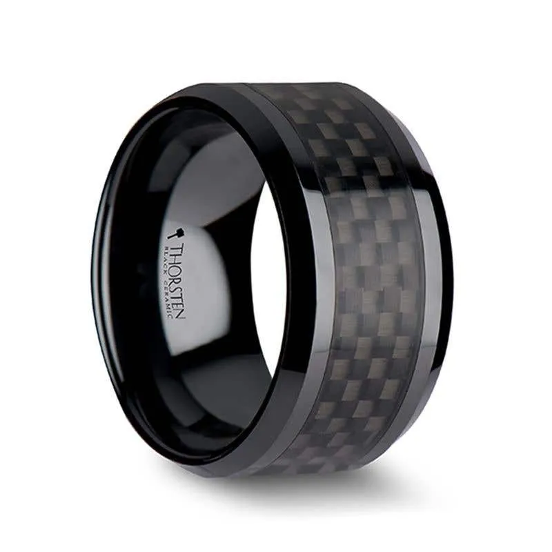 Thorsten ONYX Black Carbon Fiber Inlaid Black Ceramic Wedding Band - 4mm - 12mm