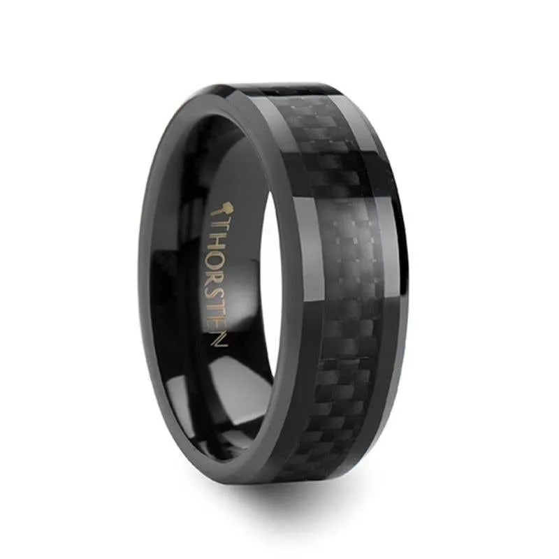 Thorsten ONYX Black Carbon Fiber Inlaid Black Ceramic Wedding Band - 4mm - 12mm