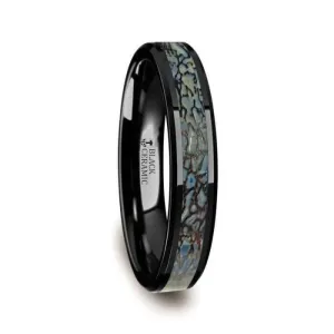 Thorsten PERMIAN Blue Dinosaur Bone Inlaid Black Ceramic Beveled Edged Ring - 4mm or 8mm