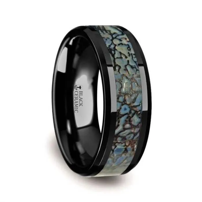 Thorsten PERMIAN Blue Dinosaur Bone Inlaid Black Ceramic Beveled Edged Ring - 4mm or 8mm