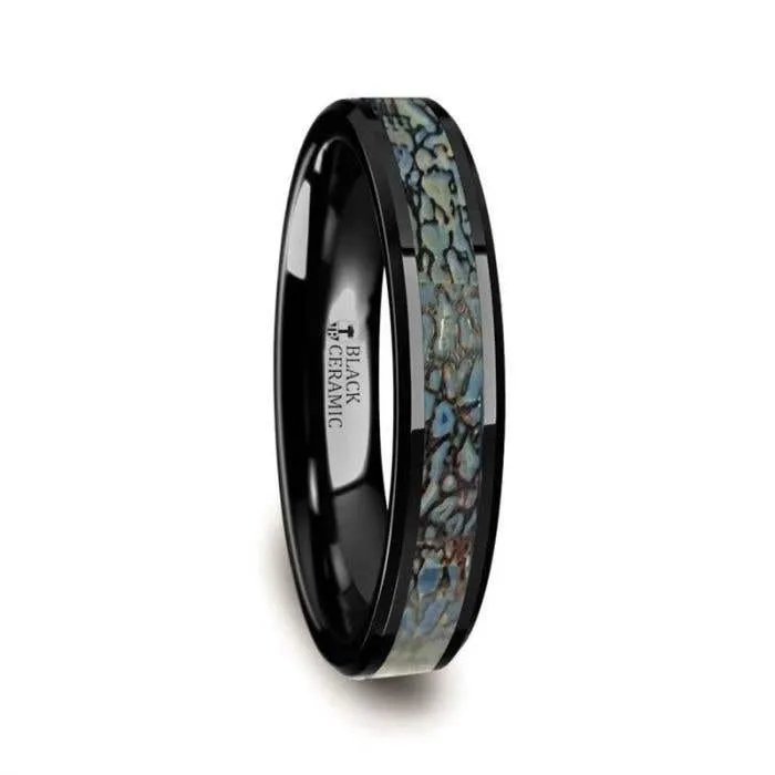 Thorsten PERMIAN Blue Dinosaur Bone Inlaid Black Ceramic Beveled Edged Ring - 4mm or 8mm