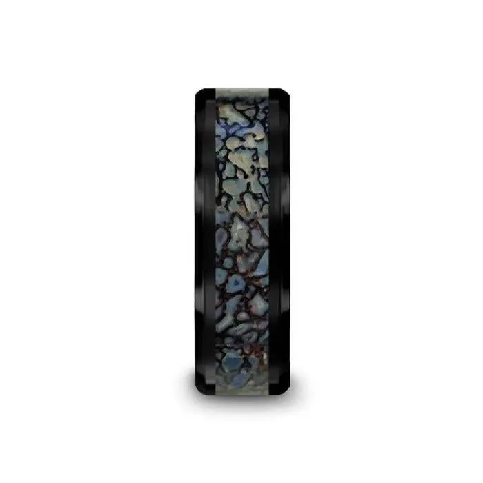 Thorsten PERMIAN Blue Dinosaur Bone Inlaid Black Ceramic Beveled Edged Ring - 4mm or 8mm
