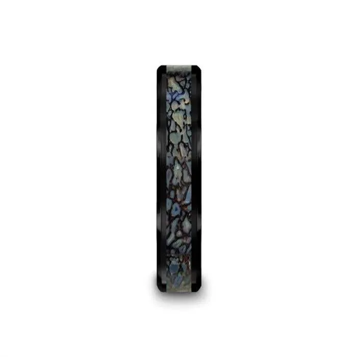 Thorsten PERMIAN Blue Dinosaur Bone Inlaid Black Ceramic Beveled Edged Ring - 4mm or 8mm