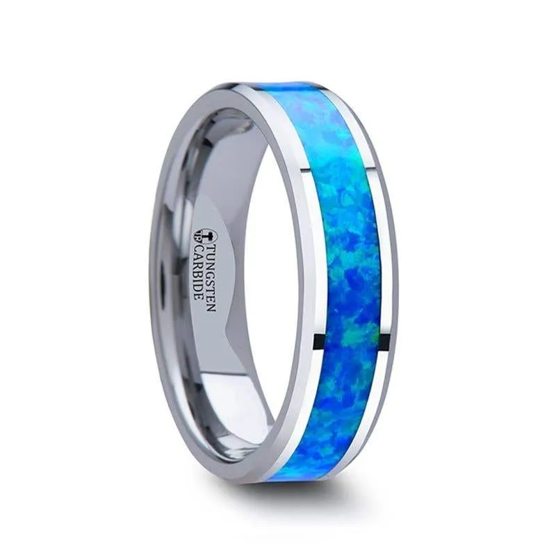 Thorsten QUASAR Tungsten Wedding Band with Blue Green Opal Inlay - 4mm - 10mm