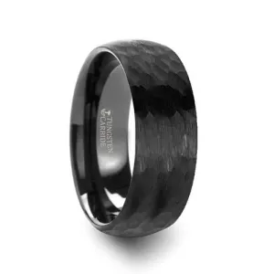 Thorsten RENEGADE Domed Hammer Finish Black Tungsten Carbide Wedding Band with Brushed Finish - 6mm or 8mm