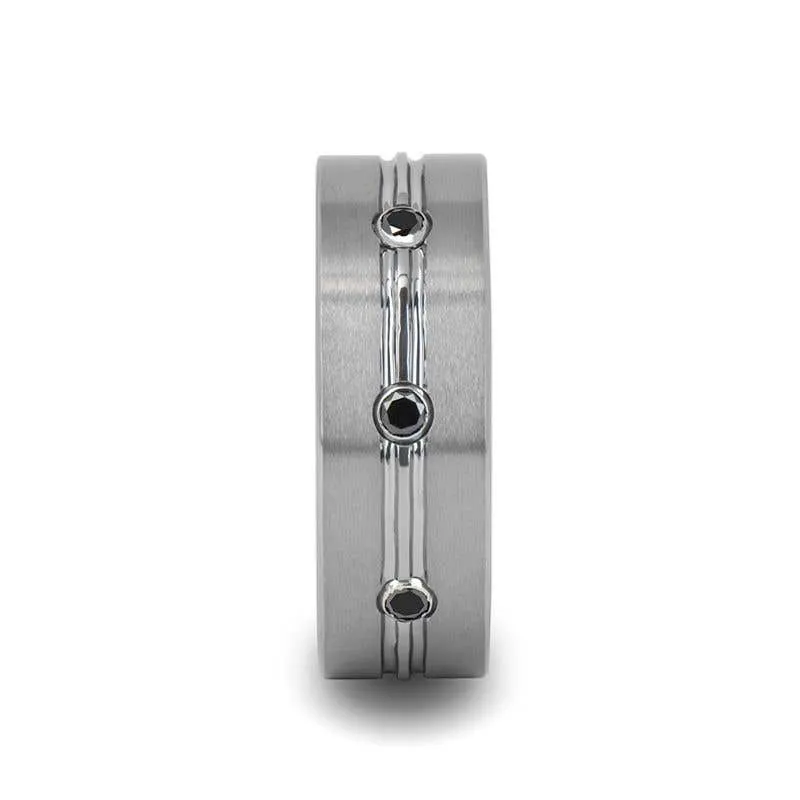 Thorsten ROYALE 3 Black Diamond Satin Finished Tungsten Ring Grooved Center and - 8mm