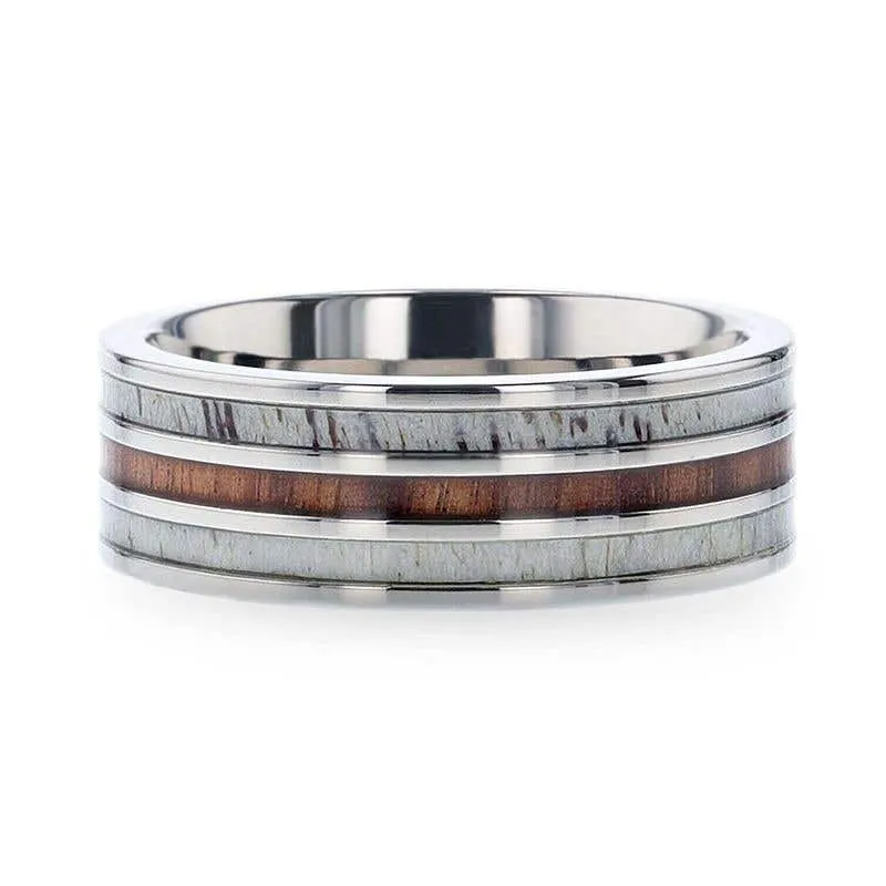 Thorsten TRIPOLI Wood Inlaid Titanium Flat Polished Finish Men's Wedding Ring With White Double Deer Antler Edges - 8mm