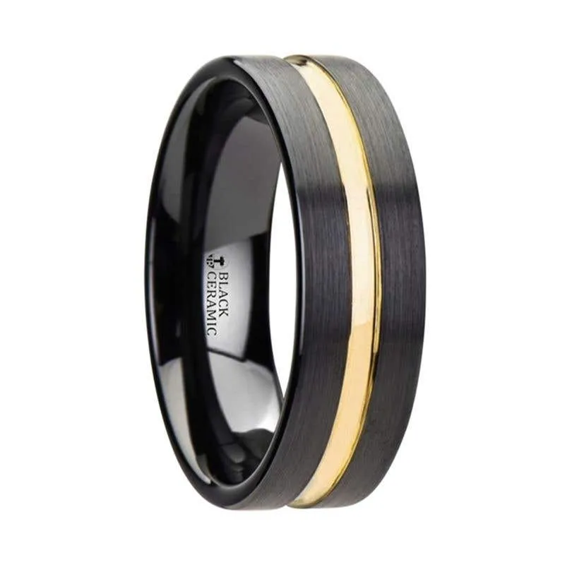 Thorsten VIVALDI Black Ceramic Wedding Band With Yellow Gold Groove - 4mm 6mm or 8mm