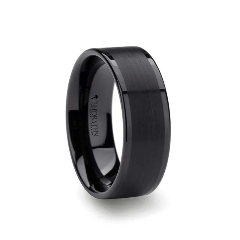 Thorsten VULCAN Flat Black Tungsten Ring with Brushed Center & Polished Edges - 4mm - 12mm