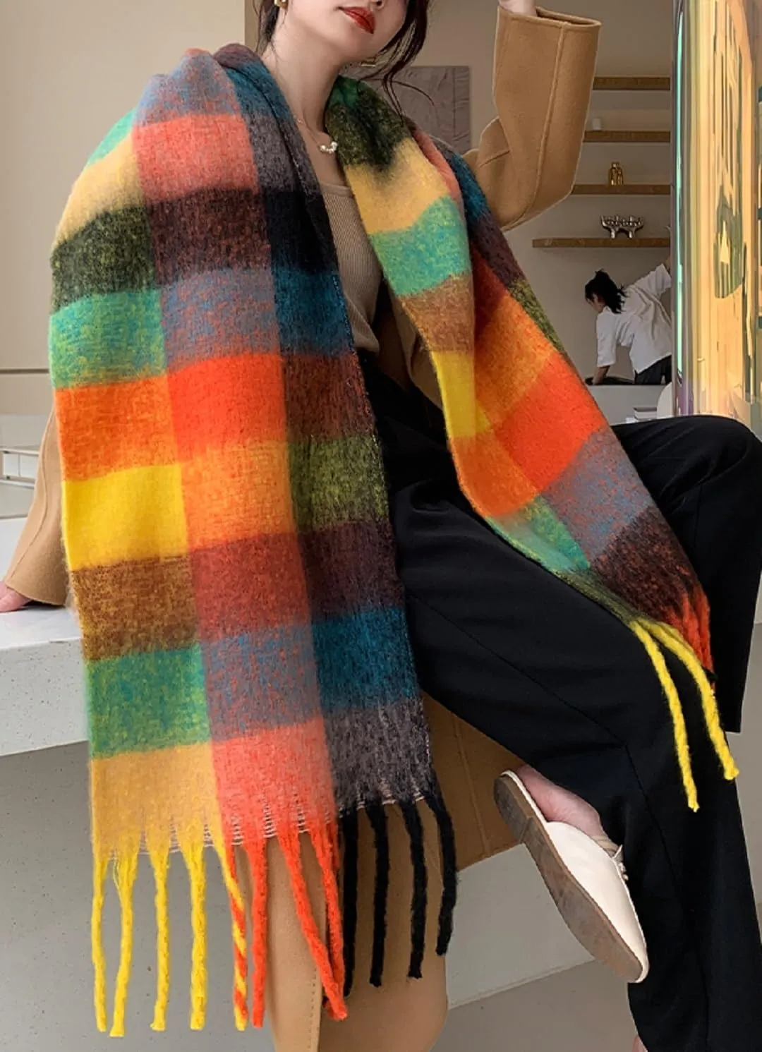 Wander Agio Winter Women Warm Scarf Long Shawl Large Scarves Cold Weather Thick Blanket Scarfs Colorful Plaid