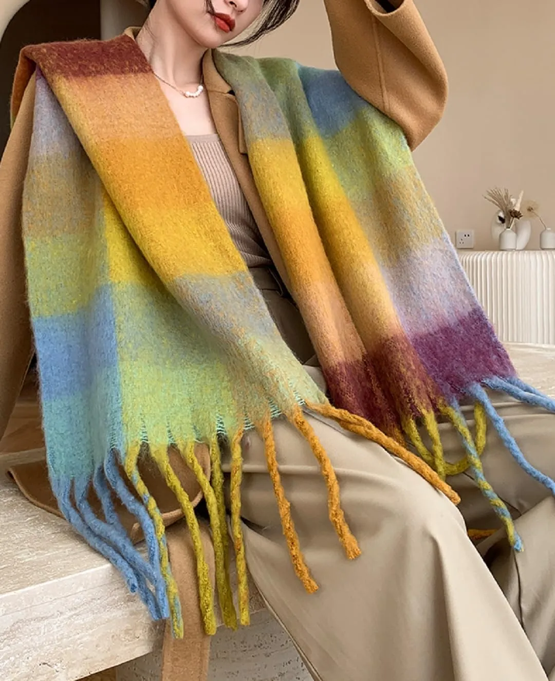 Wander Agio Winter Women Warm Scarf Long Shawl Large Scarves Cold Weather Thick Blanket Scarfs Colorful Plaid