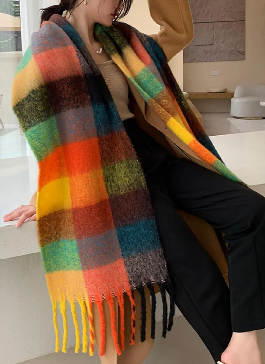 Wander Agio Winter Women Warm Scarf Long Shawl Large Scarves Cold Weather Thick Blanket Scarfs Colorful Plaid