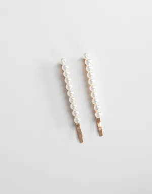 White Pearled Hair Clip Set in Gold - Timeless Elegance