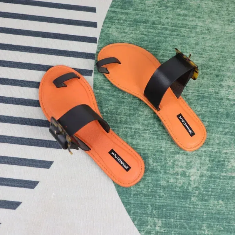 Women Leather Summer Sandals Shoes Retro design Thin Straps Open Toe Beach Slides Flat with Plus Size 41 Female Footwear