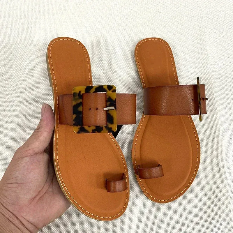 Women Leather Summer Sandals Shoes Retro design Thin Straps Open Toe Beach Slides Flat with Plus Size 41 Female Footwear