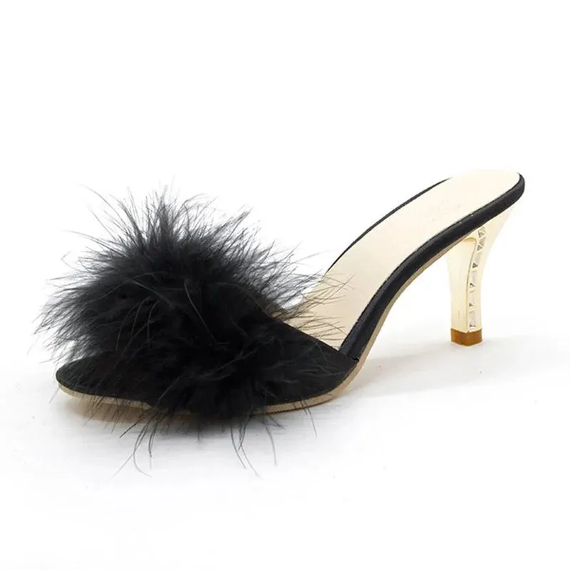 Women Slippers Summer 2022 New Fashion Hairy Stiletto Sandals Slippers Women Word Drag Open Toe Wear High Heel Slippers Women