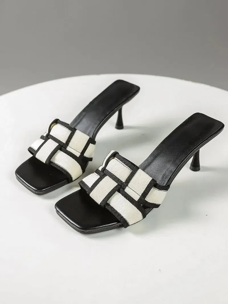 Women's Contrast Color Stiletto Heeled Sandals Fashion Square Toe Dress Pumps Stylish Slip On Heels