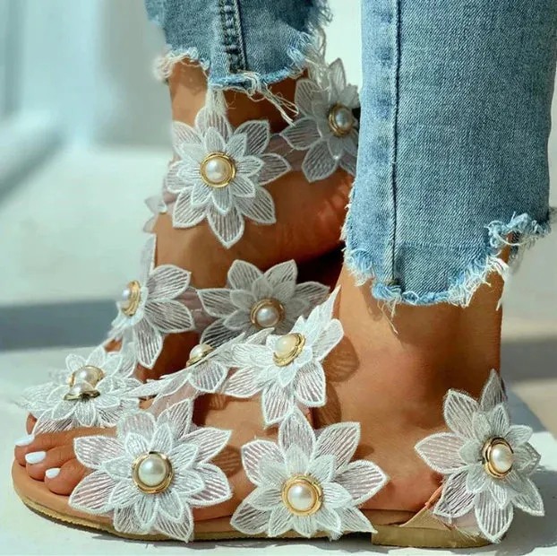 Women's Flowers Flat Sandals, Fashion Toe Loop Faux Pearl Slip On Shoes