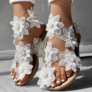 Women's Flowers Flat Sandals, Fashion Toe Loop Faux Pearl Slip On Shoes