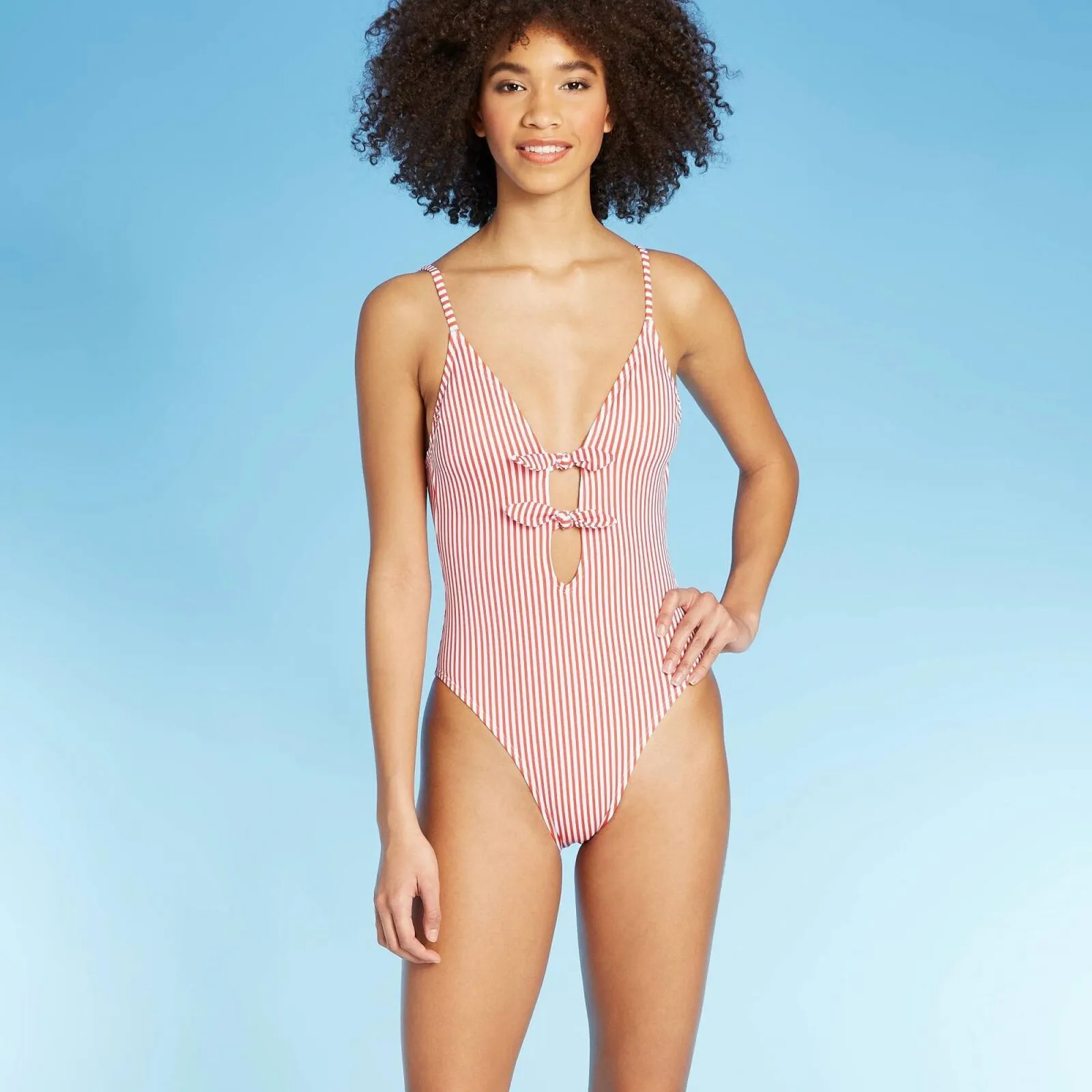 Xhilaration Juniors' Front Tie One Piece Swimsuit AFU88 Red M